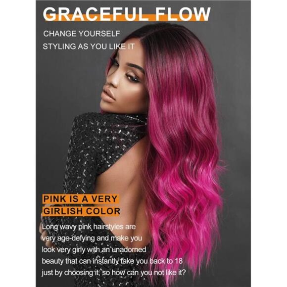 Long Ombre Pink Wavy Middle Part Soft Synthetic Fiber - Picture 2 of 7